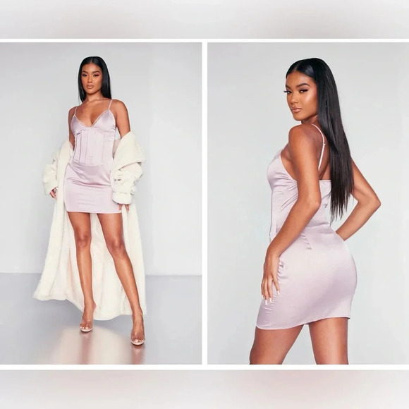 Pretty Little Thing MAUVE SATIN CORSET DETAIL LACE TRIM STRAPPY BODYCON DRESS - Picture 6 of 15